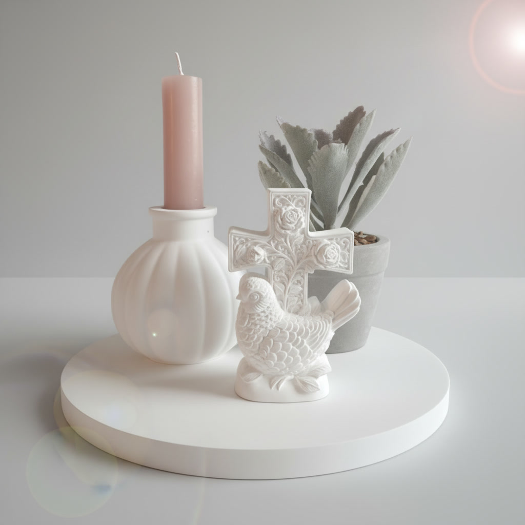 Dekoset mit Vase, Kerze, Pflanze, Kreuz & Taube