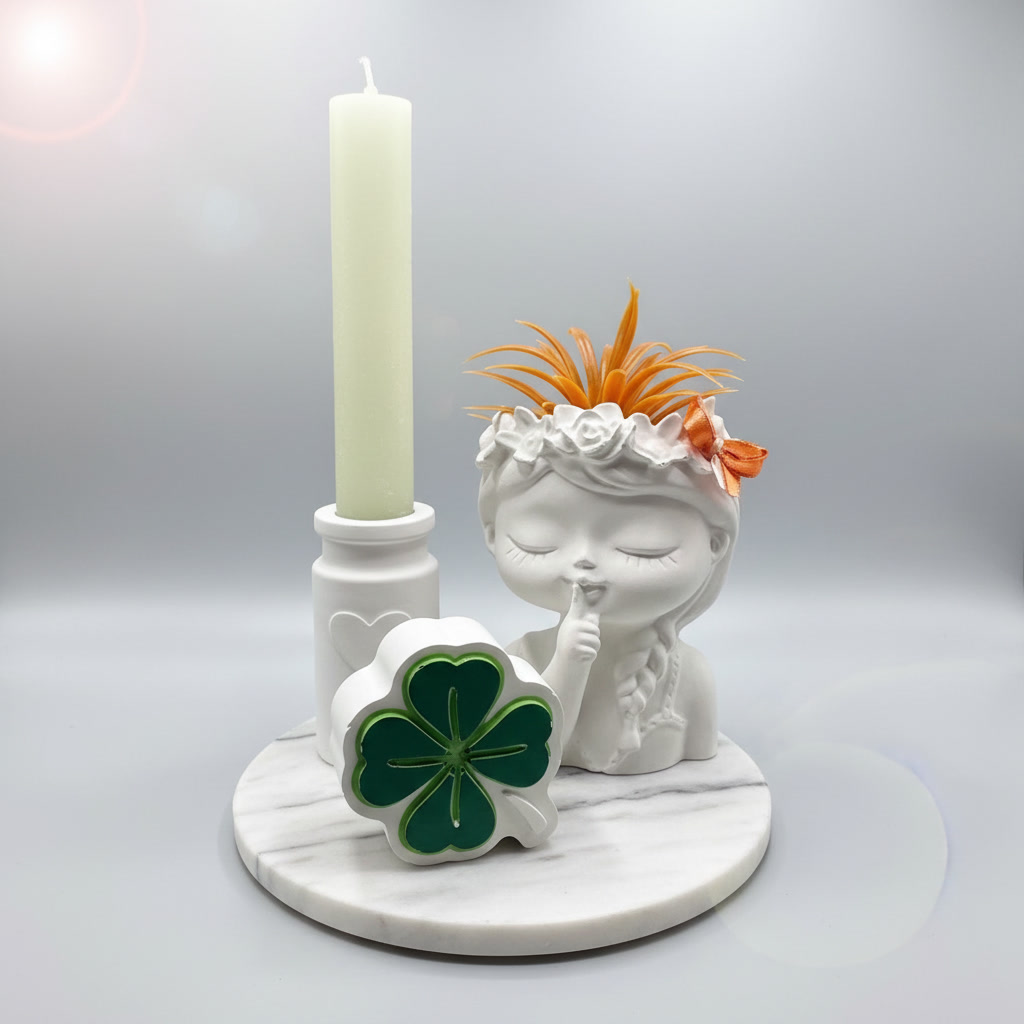 Dekoset mit Kerze, Mädchenfigur & Kleeblatt