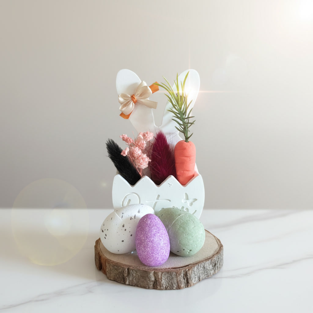 Oster-Dekoset mit Osterkorb, Ostereiern & Holzplatte