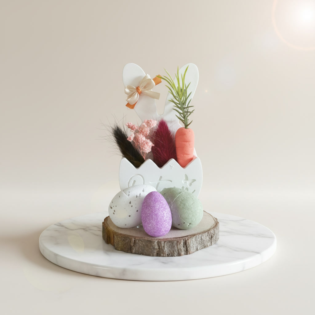 Osterhase Eierbecher auf Holzscheibe – Ansicht 2