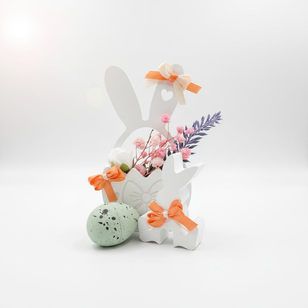 Oster-Dekoset mit Hasen, Ei & Blumenarrangement