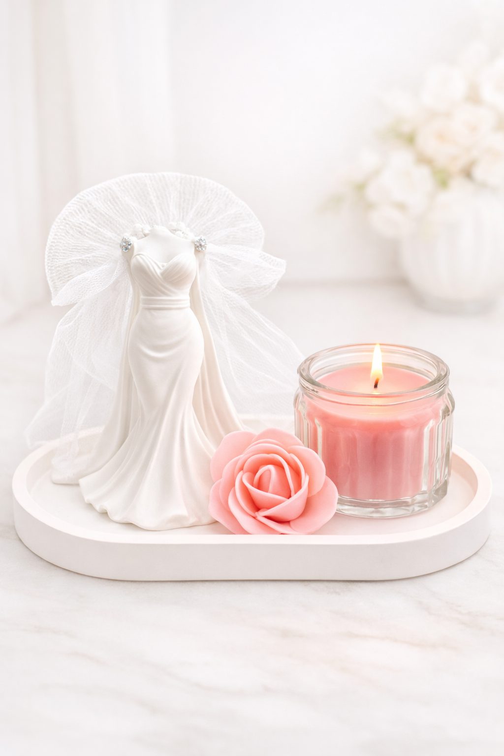 Dekoset Braut mit Schleier, Kerze & Rose