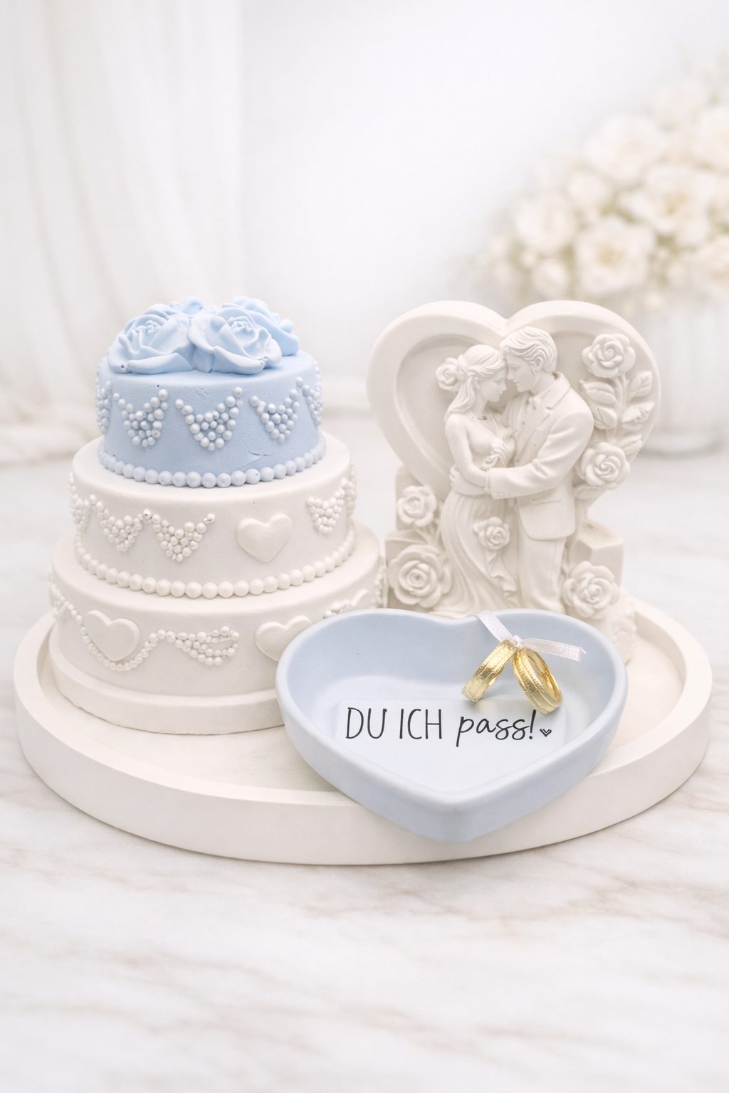 Hochzeits-Dekoset mit Torte, Brautpaar & Ring-Schale