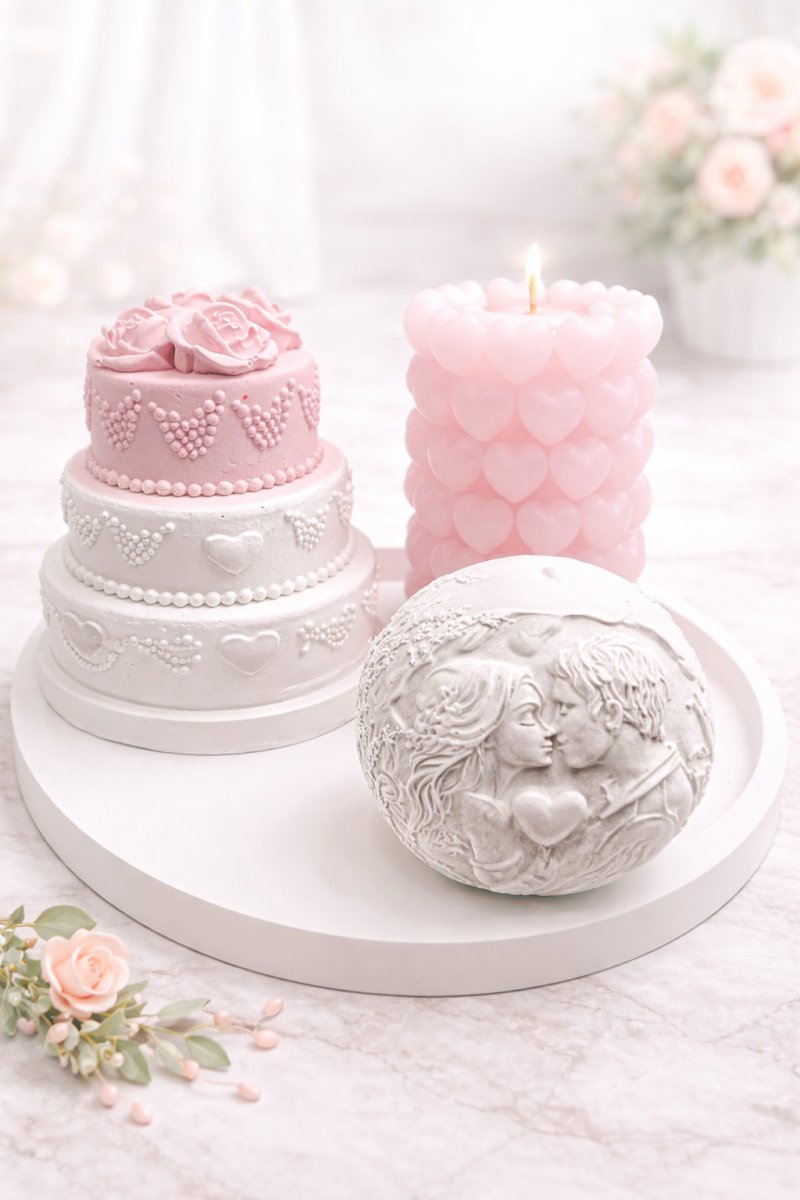 Romantisches Hochzeits-Dekoset mit Torte, Kerze & Liebespaar