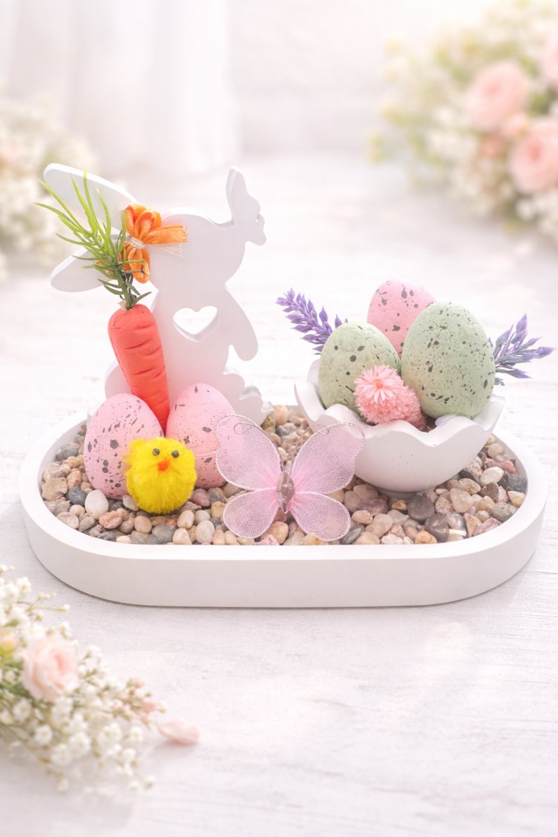 Frühlingshafte Osterdeko mit Hase, Nest & Küken
